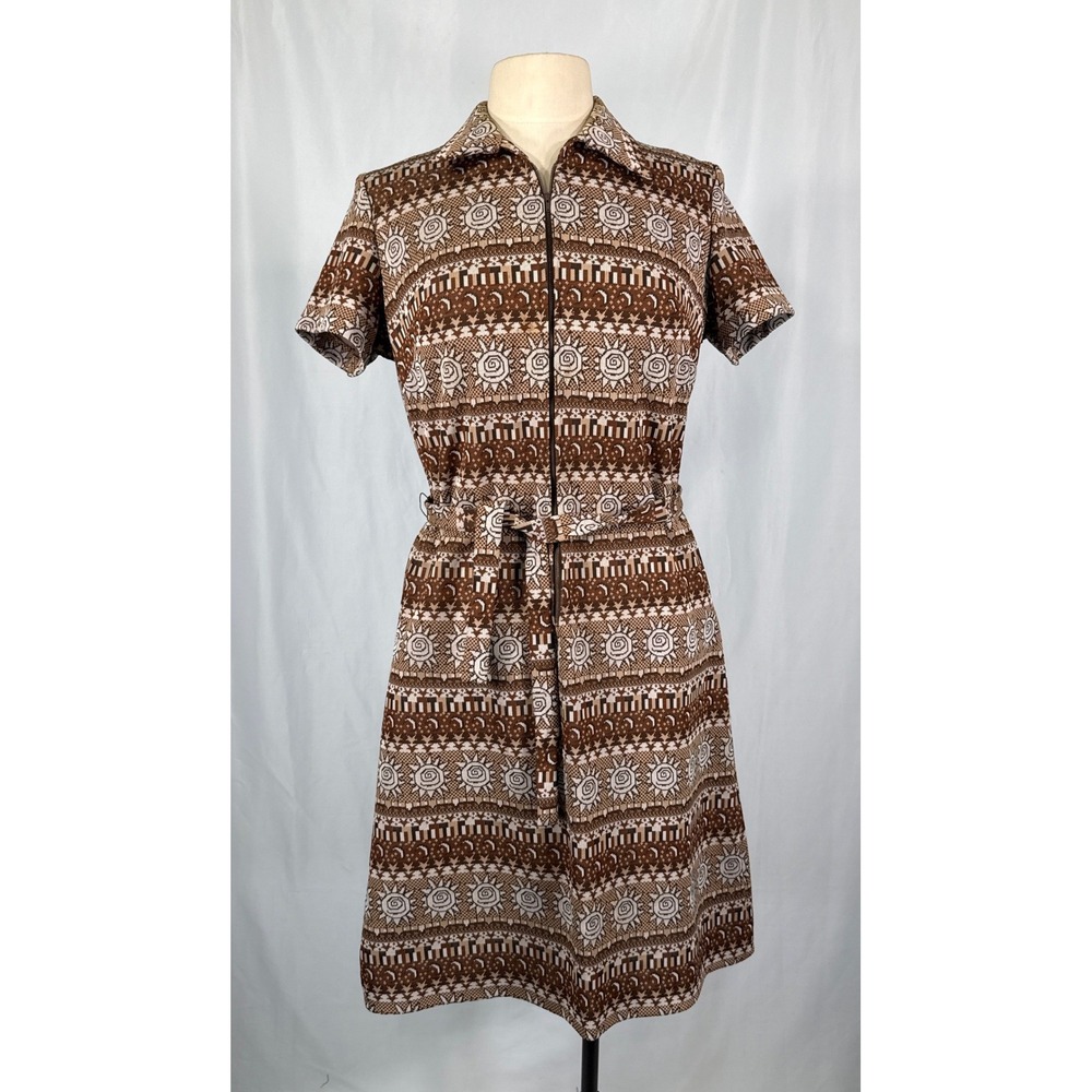 VTG 60s 70s Brown Sun Geometric Zip Front Belted House Dress Dble Knit Polyester